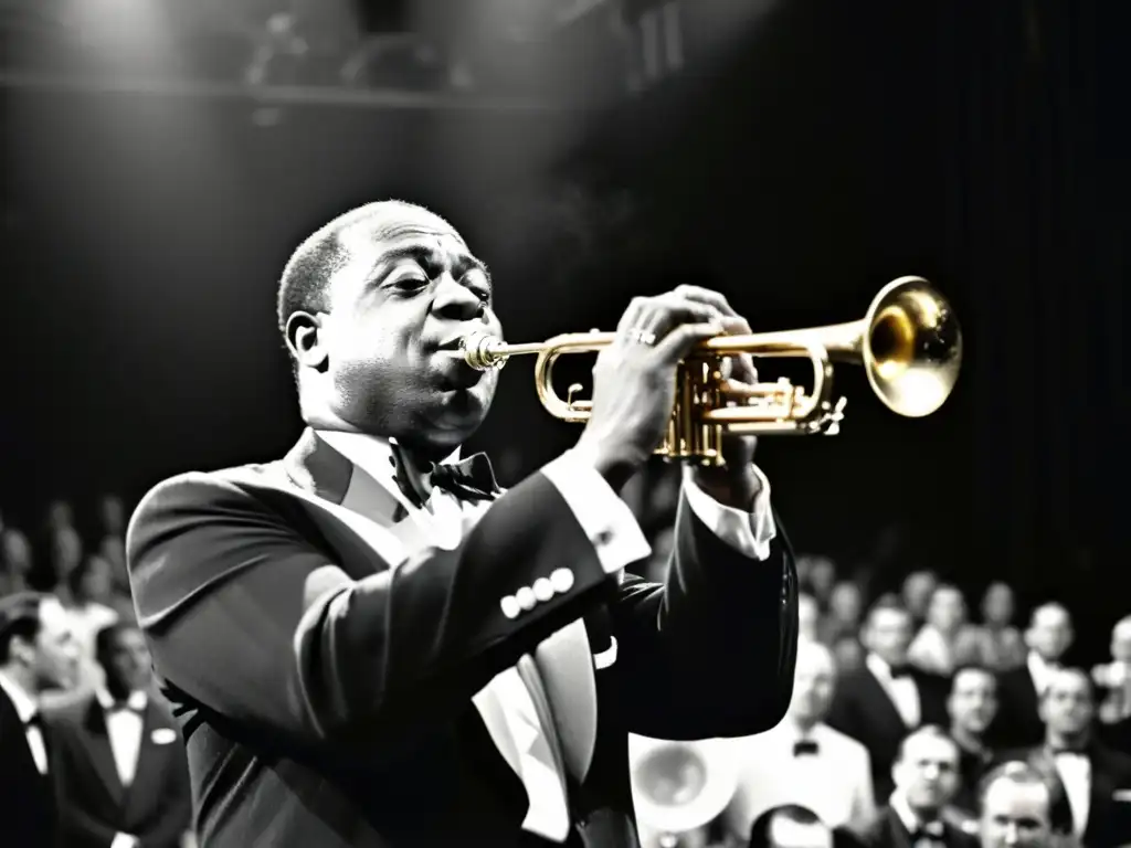 Louis Armstrong toca la trompeta con pasión en el escenario, con el brillo del sudor en su frente