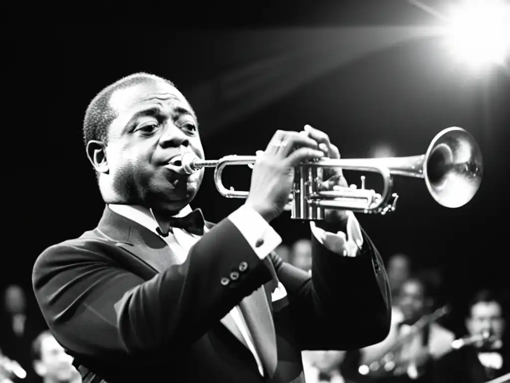 Louis Armstrong tocando apasionadamente su trompeta en el escenario, mientras el público queda cautivado