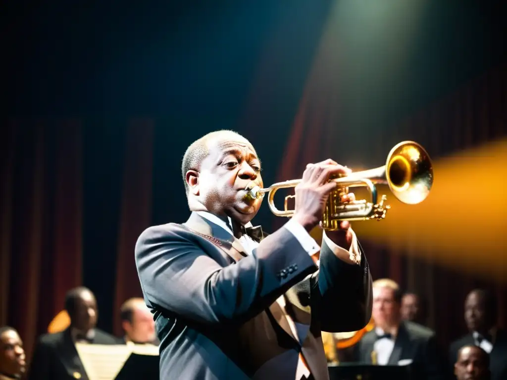 Louis Armstrong tocando la trompeta con intensa concentración, iluminado por luces dramáticas