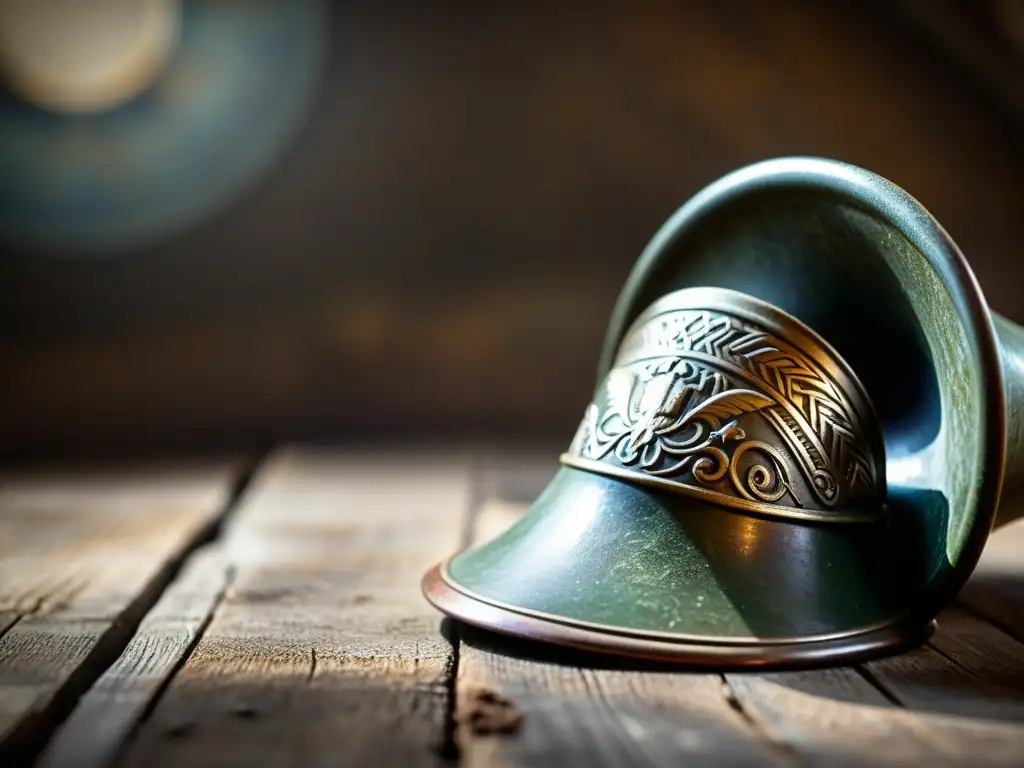 Una trompeta militar vintage descansa sobre un casco desgastado, evocando la historia bélica