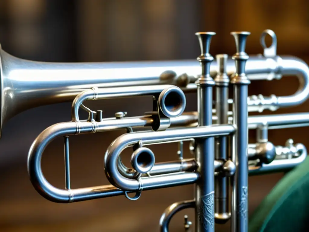 Una trompeta de plata vintage con grabados detallados, patina envejecida y luz suave, evoca el virtuosismo de la trompeta en música clásica