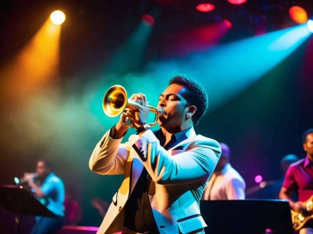 Un trompetista apasionado interpreta en una banda de salsa, rodeado por luces vibrantes y una audiencia animada