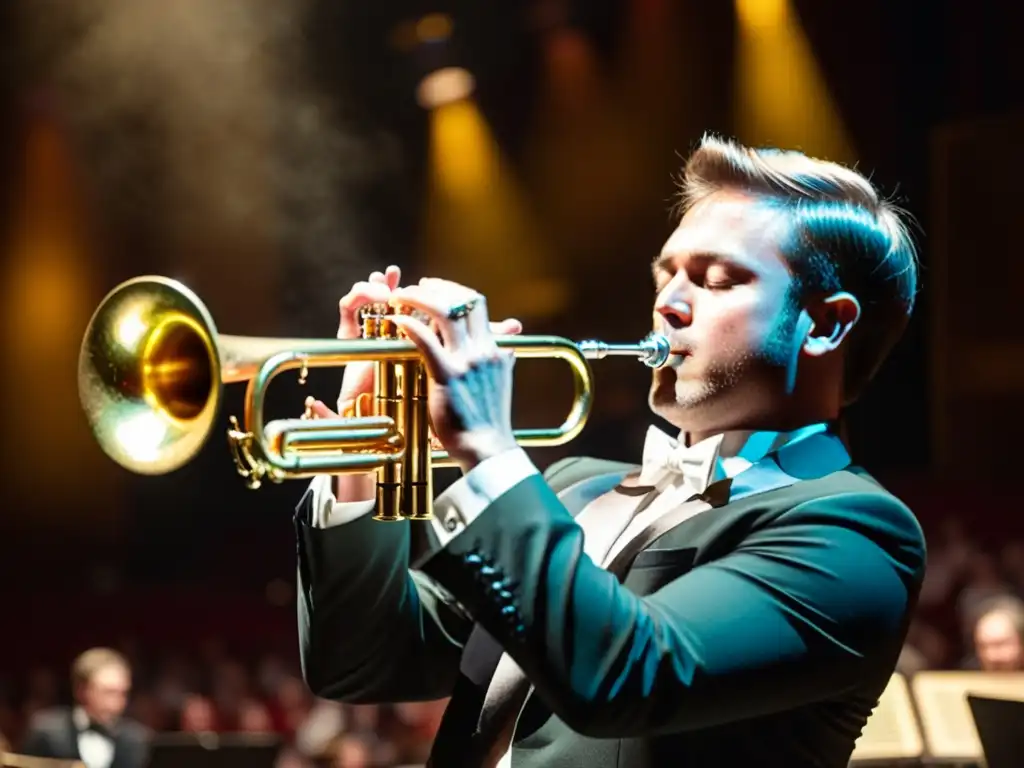 Un trompetista virtuoso interpreta música clásica con pasión, mientras el brillo dorado del instrumento captura la luz