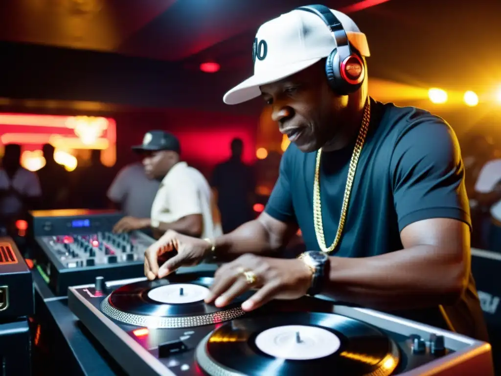 Grandmaster Flash mezcla en turntables en un club nocturno lleno, enfocado en sus movimientos de manos y su concentración