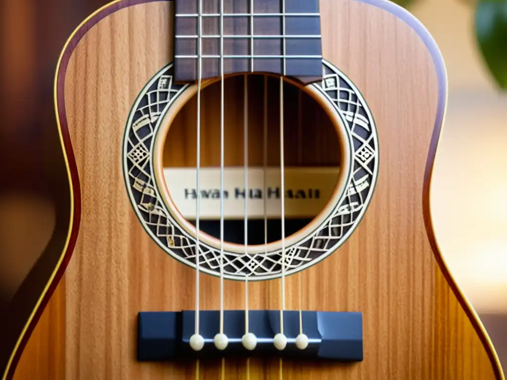 Un ukulele hawaiano tradicional, con exquisitas tallas de madera y cuerdas desgastadas, rodeado de flores tropicales y exuberante vegetación