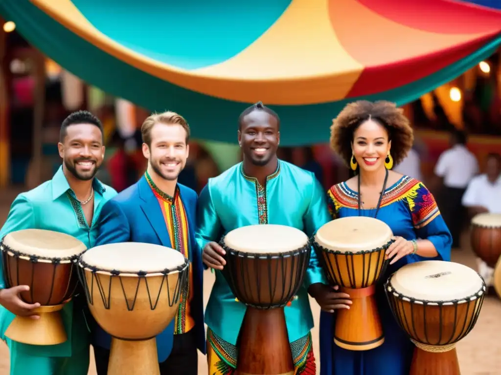 Ritmo vibrante: Percusionistas en acción en mercado colorido Unidos en ritmo, percusionistas ejecutan técnicas comunicación dirección conjuntos percusión con pasión y precisión en mercado vibrante