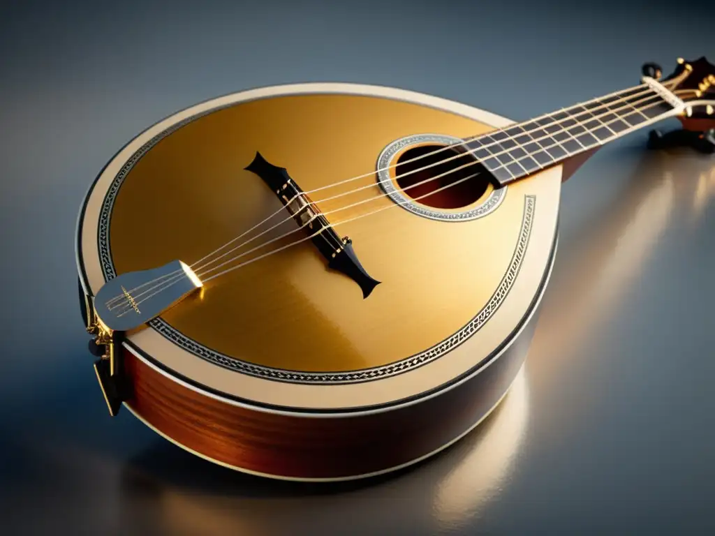 Close up de un bouzouki griego, resaltando los detalles de su cuerpo de madera, cuerdas y trastes metálicos