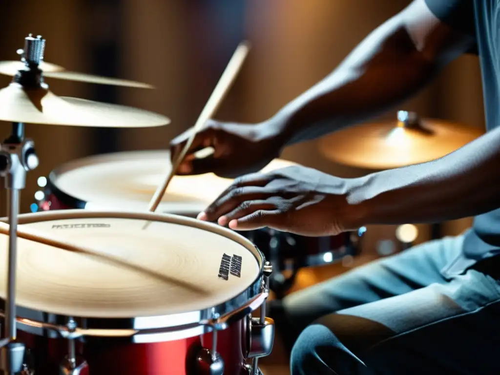 Close up de manos de baterista experto en plena improvisación impactante en batería, capturando su concentración y agilidad en un solo dinámico