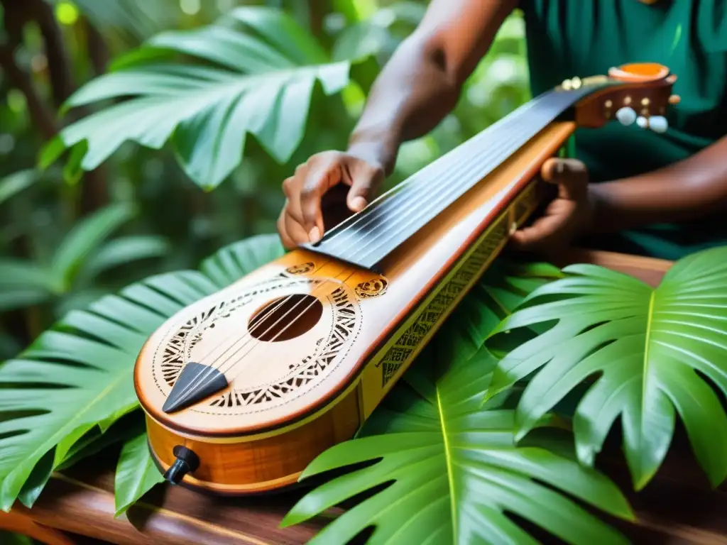 Un valiha malgache tallado a mano, con diseños vibrantes, en la exuberante selva, refleja la rica historia y sonido del instrumento