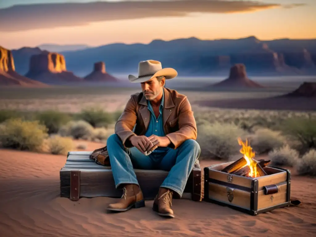 Un vaquero solitario se prepara para tocar la armónica junto al fuego en el desierto al atardecer, capturando la importancia histórica de la armónica