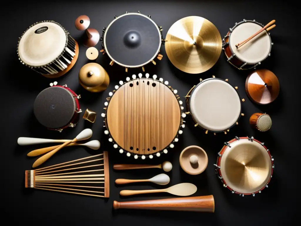 Una variedad de instrumentos de percusión en detallada fotografía sobre fondo negro, resaltando texturas y formas