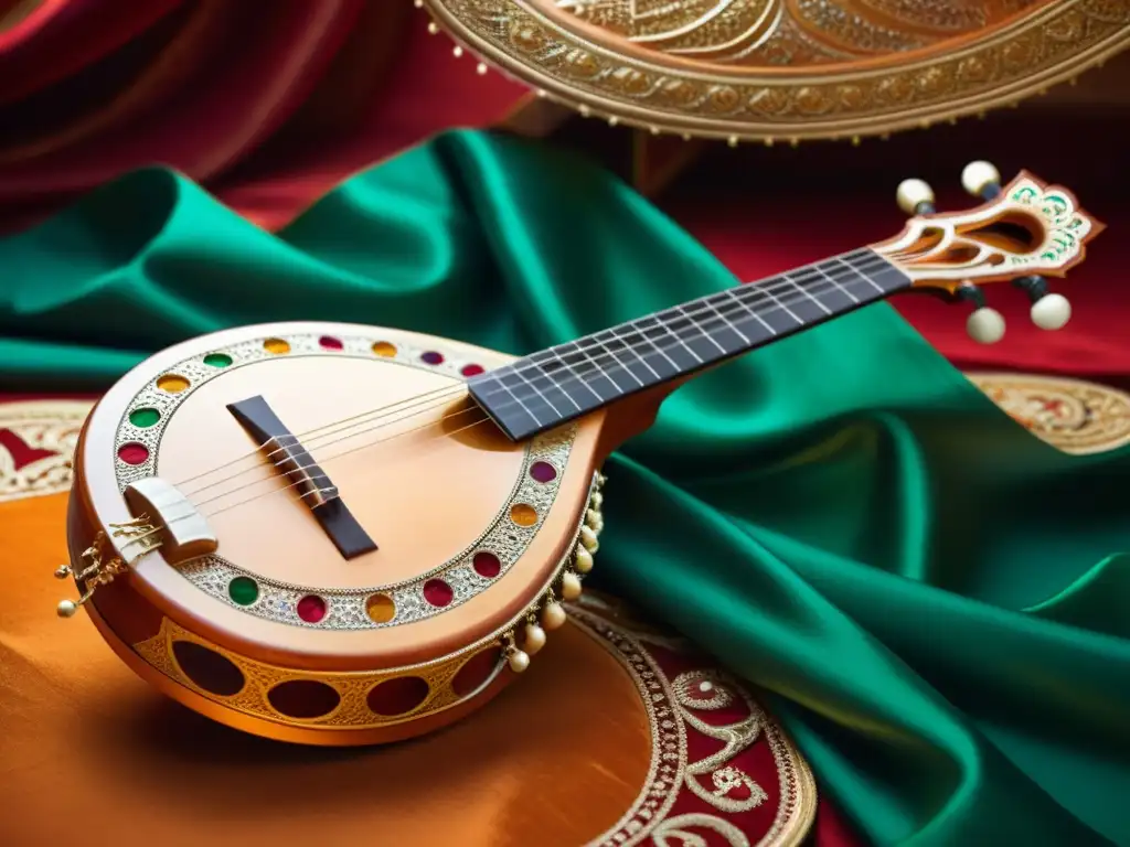 Una veena india tradicional descansa sobre seda ornamental, iluminada para resaltar su belleza artesanal y significado cultural