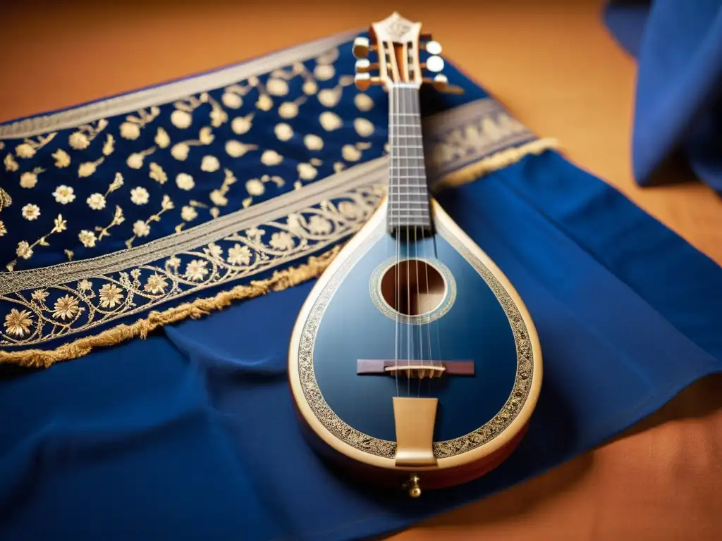 Un Veena Indio descansa contra un fondo de tela azul real, sus cuerdas brillan con la luz dorada, mostrando su belleza cultural y musical