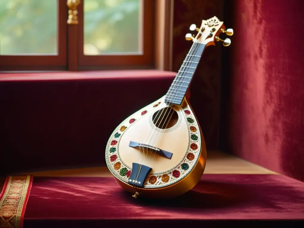 Una veena tallada con elegancia descansa sobre terciopelo rojo, resaltando la historia y relevancia cultural de la veena india