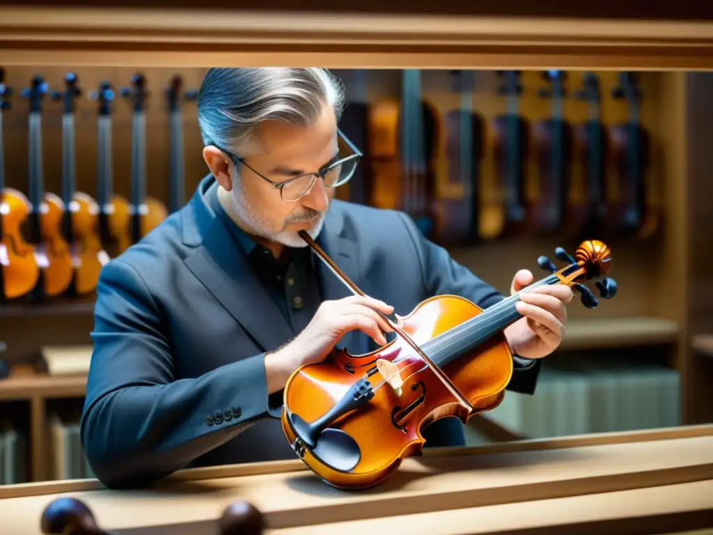 Un luthier examina detalladamente la veta de un violín centenario bajo luz natural, destacando la conservación ambiental de instrumentos musicales