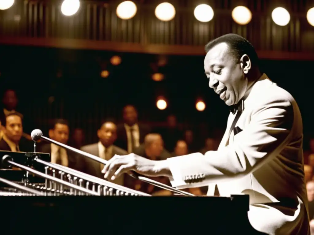 Lionel Hampton tocando el vibráfono en un club de jazz, iluminado por luces cálidas