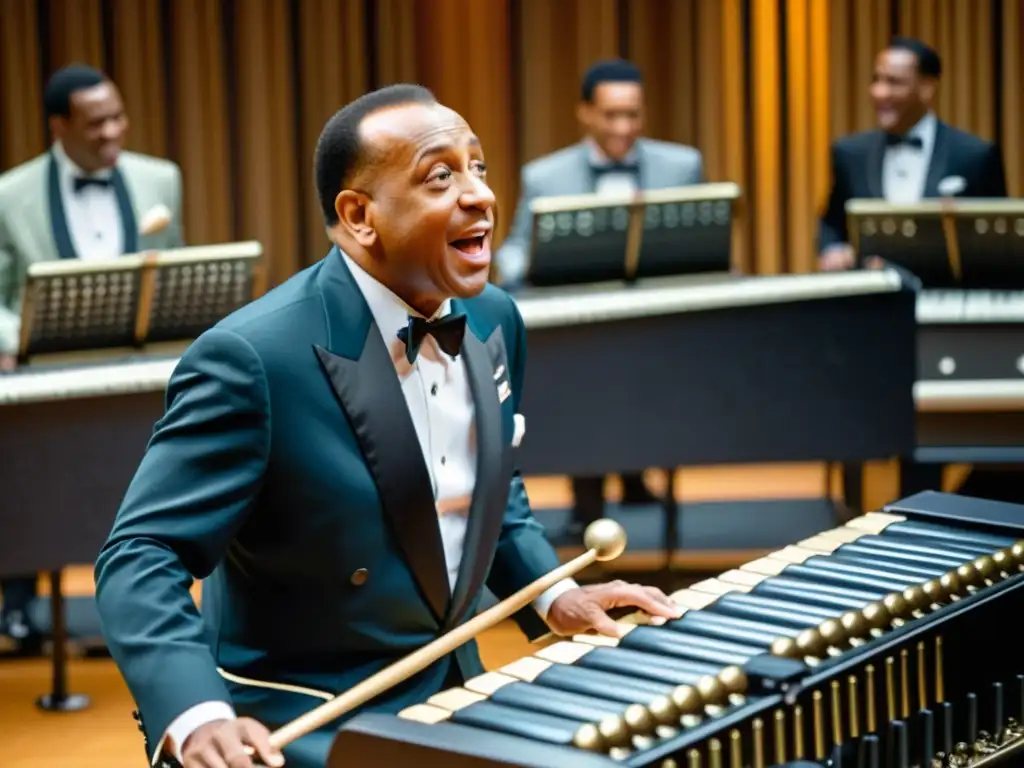 Lionel Hampton tocando el vibráfono con una gran banda de jazz en los años 40, capturando la energía vibrante de la actuación y la historia del jazz