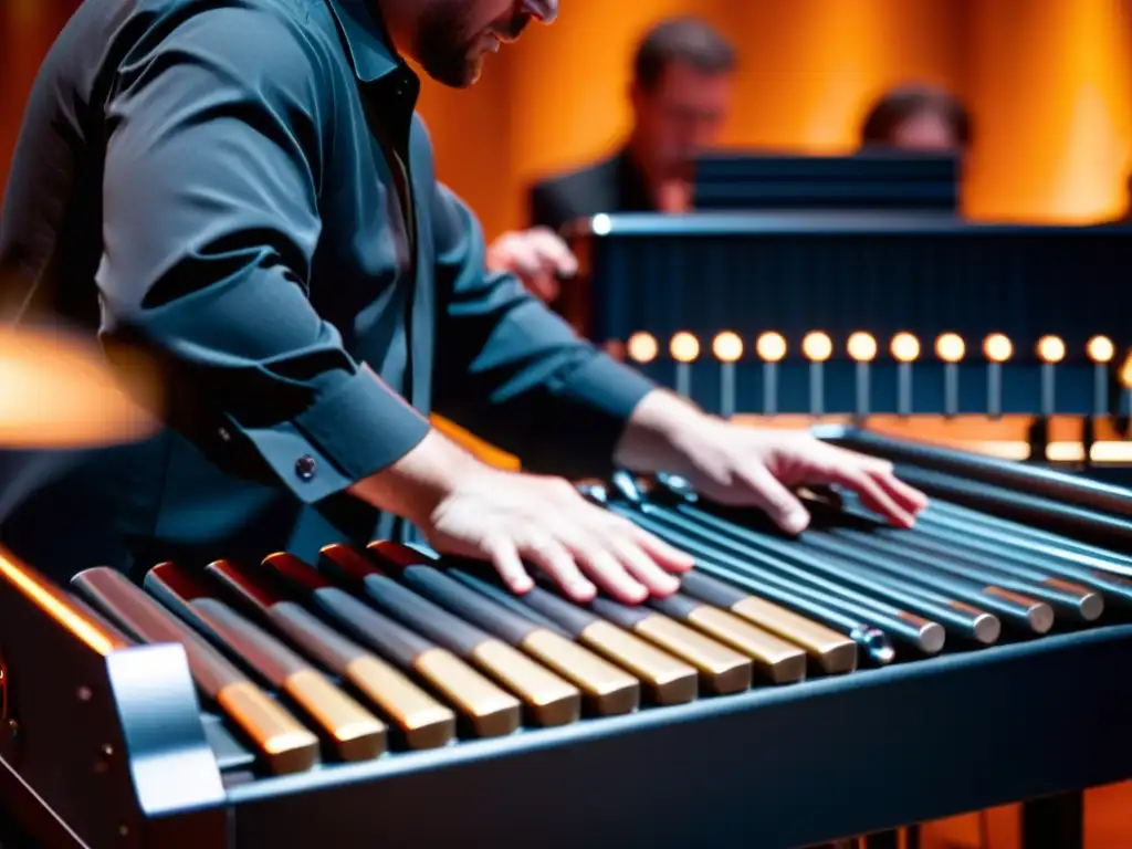 Un vibráfono tocado por un músico de jazz en vivo, destacando la técnica y la expresión artística