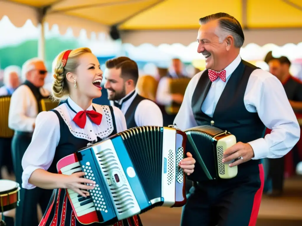 Vibrante actuación de banda de polka texana con acordeonista en traje típico, reflejando la historia del acordeón polaco en Texas