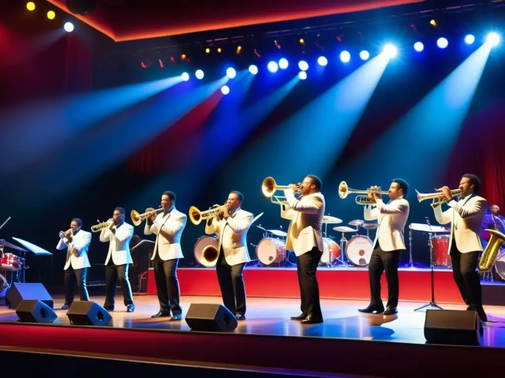 Vibrante actuación de una banda de salsa con influencia de trompetas y trombones, iluminada por luces de escenario