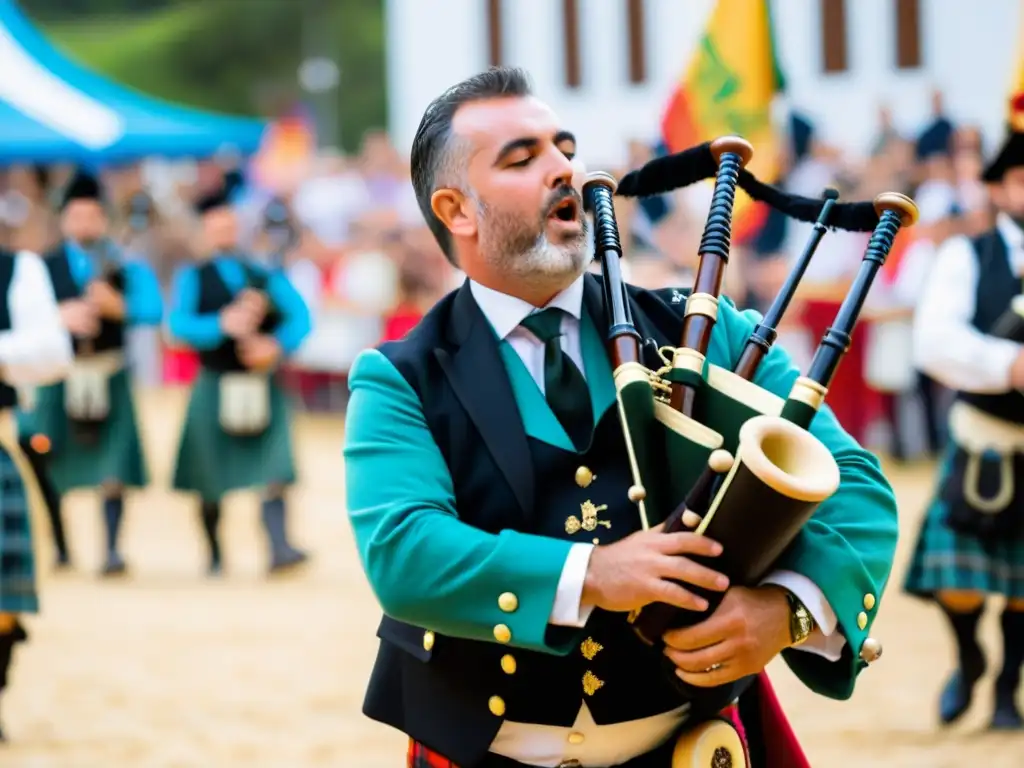 Vibrante actuación de gaitero en el Festival de música tradicional Ortigueira, con multitud animada y trajes típicos gallegos