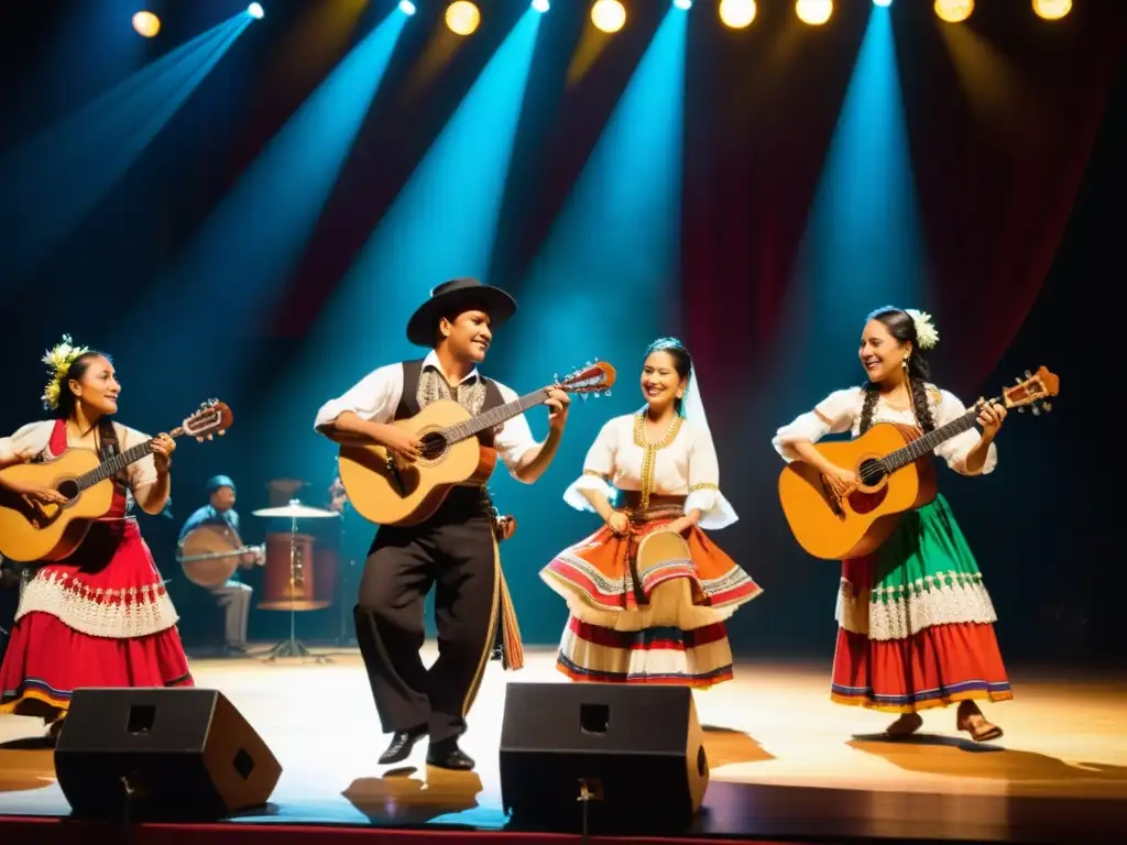 Vibrante actuación de son jarocho con músicos, bailarines y coloridos trajes en un escenario iluminado