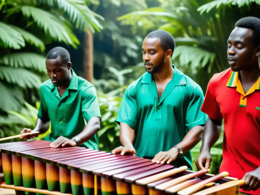 Vibrante actuación de músicos africanos tocando marimba en un entorno natural