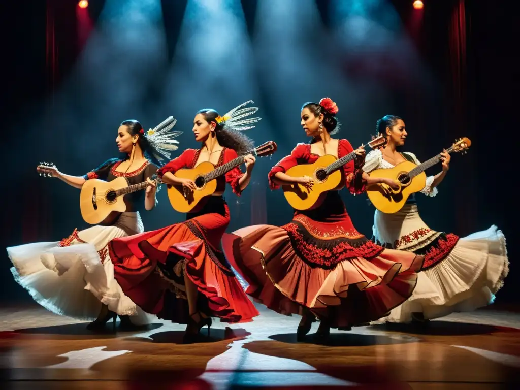 Vibrante actuación de músicos y bailarines de flamenco, capturando la influencia cultural de la música gitana en Europa