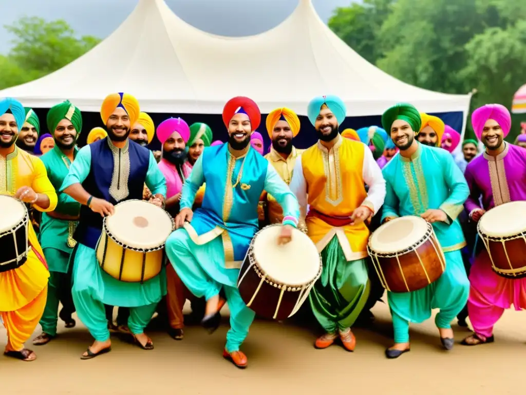 Vibrante actuación de músicos punjabíes con tumbi y dhol, en una celebración de bhangra llena de energía y color