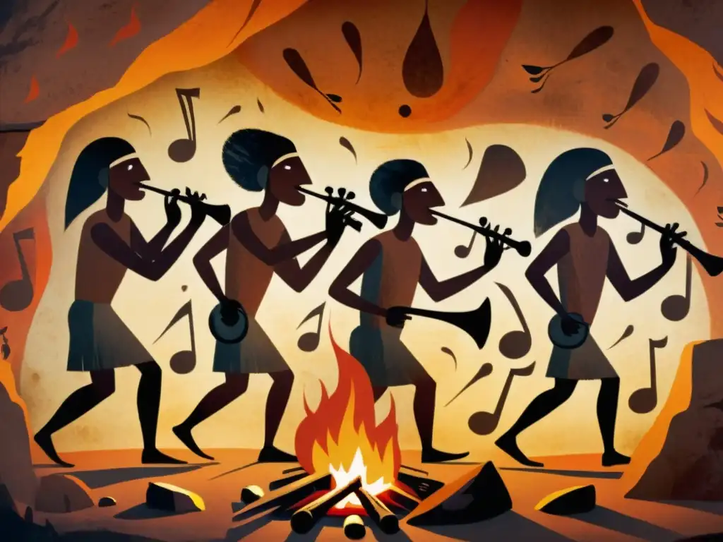 Emotiva pintura rupestre: humanos primitivos tocando música junto al fuego Vibrante arte rupestre de instrumentos musicales prehistóricos simboliza la pasión de la música en la antigüedad