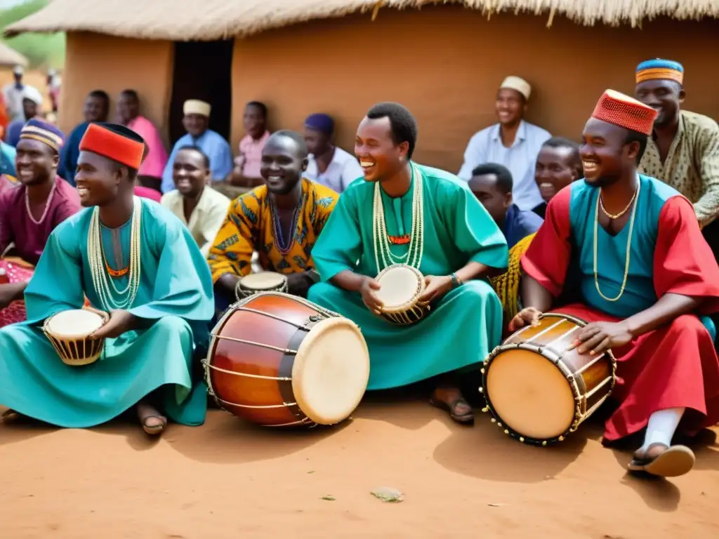 Un vibrante atardecer en África ilumina a músicos Hausa tocando el kalangu y tambor, mientras la gente disfruta de los ritmos