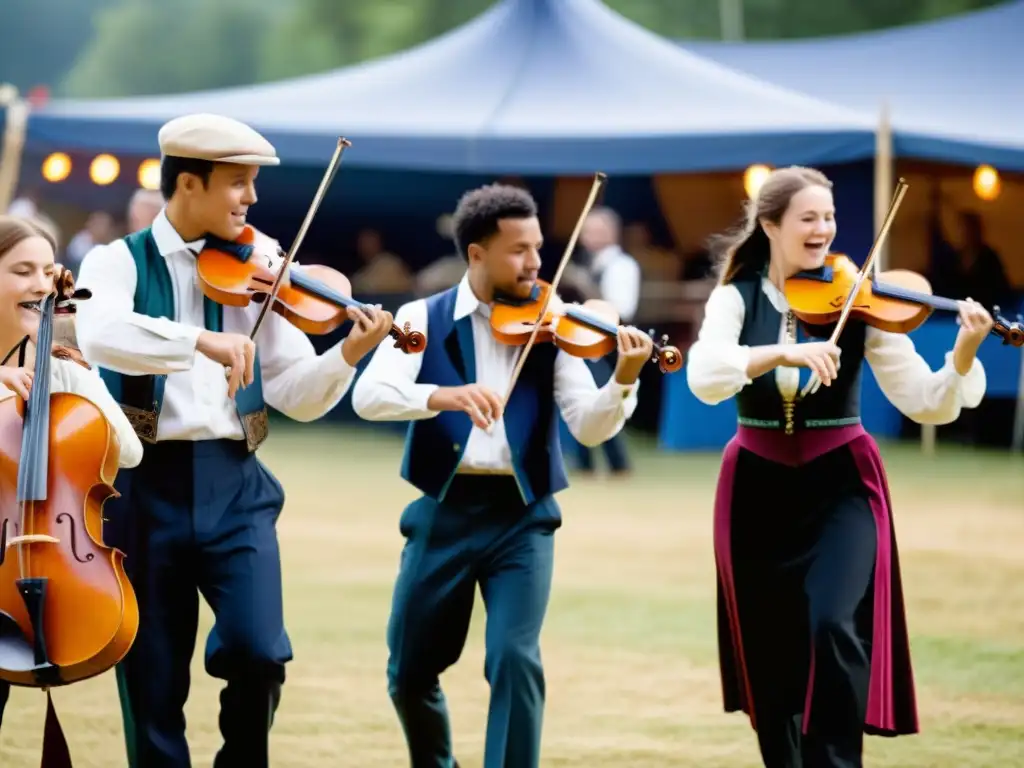 Vibrante banda folclórica con instrumentos de cuerda frotada en fiestas al aire libre, derrochando energía y alegría comunitaria