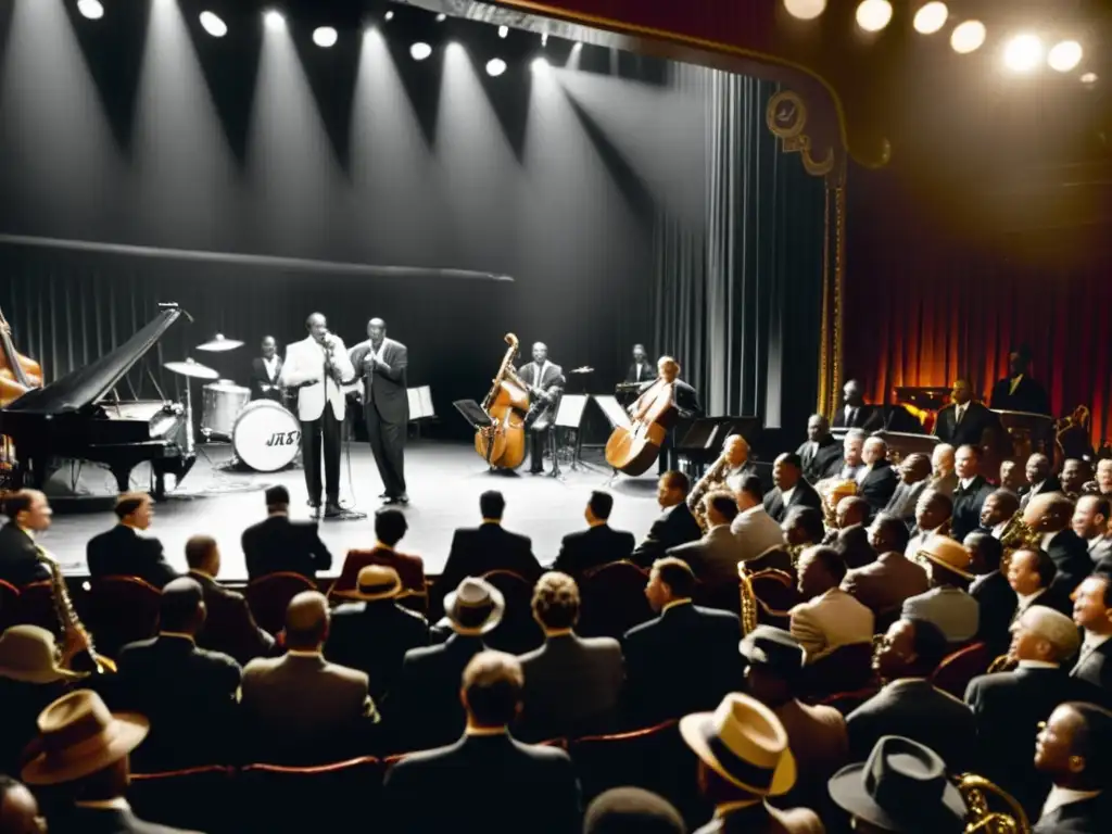 Una vibrante big band en un club de jazz de los años 1920, ilustrando la importancia de la big band en el jazz con energía y emoción