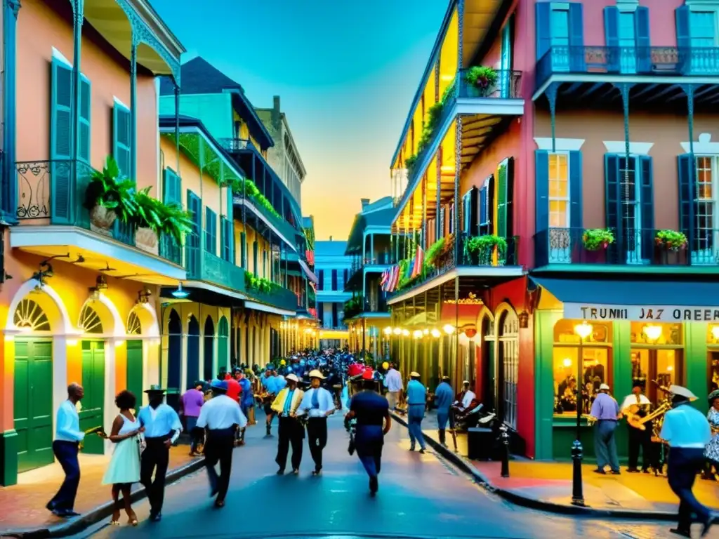 Vibrante calle del Barrio Francés de Nueva Orleans, con edificios coloridos y música jazz