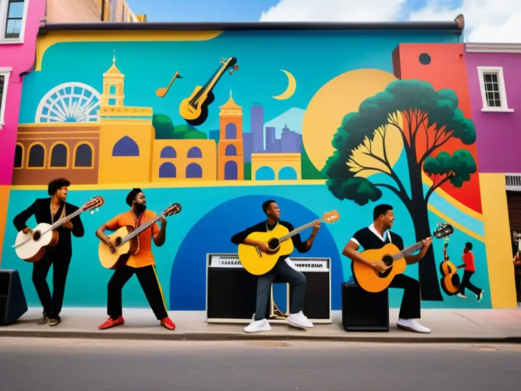 Vibrante calle con músicos de diversas culturas y murales coloridos, reflejando la globalización y mezcla de géneros musicales en una ciudad dinámica