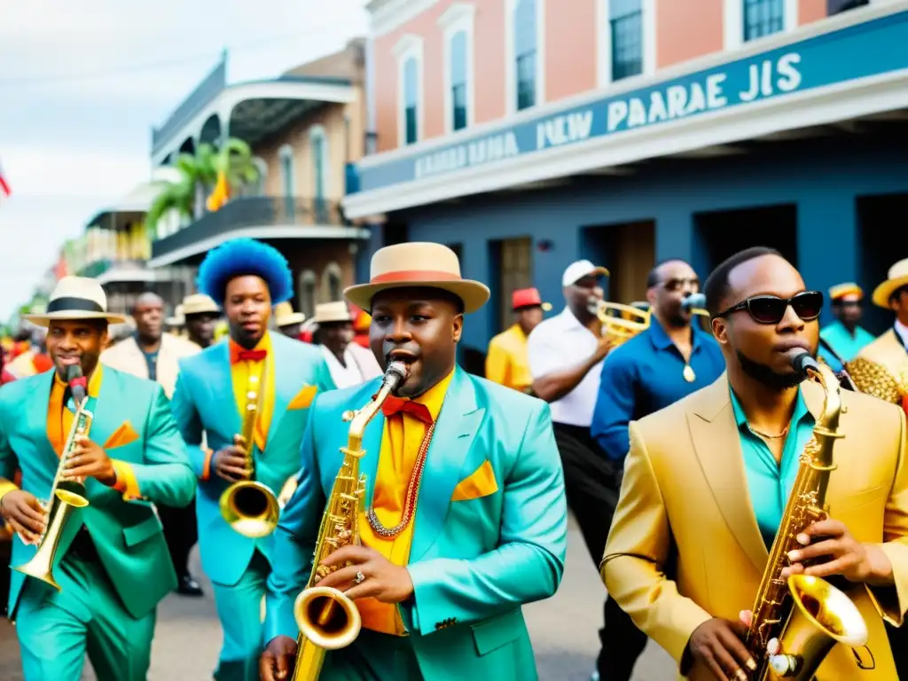 Una vibrante celebración callejera en Nueva Orleans, fusionando influencias musicales africanas con el jazz y el blues contemporáneos