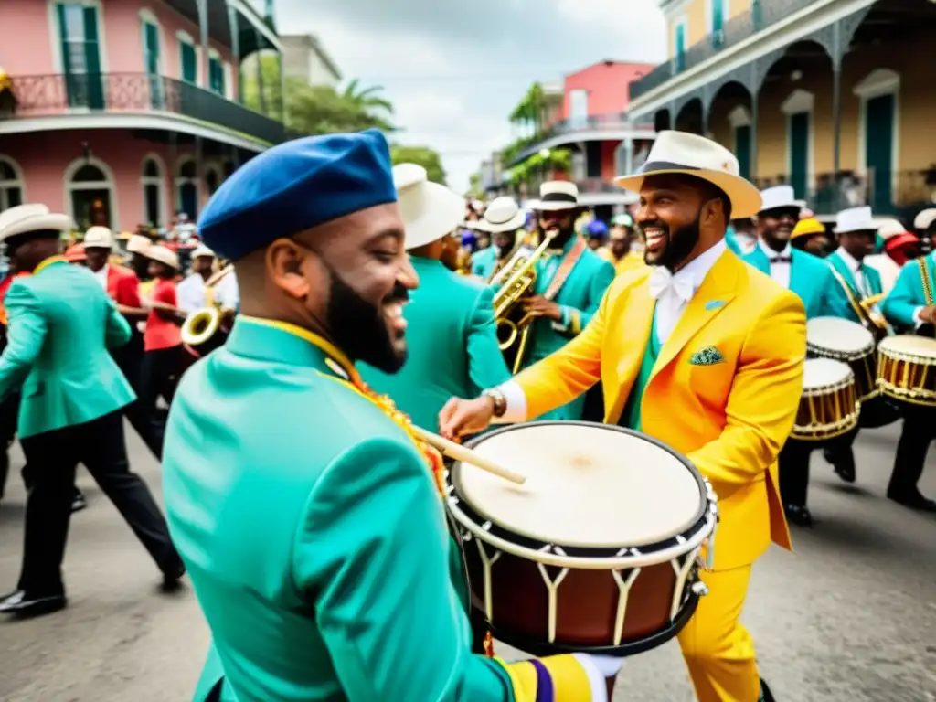 Una vibrante celebración de Second Line en Nueva Orleans, con técnicas de percusión y coloridos trajes, inmerso en la rica tradición de la ciudad