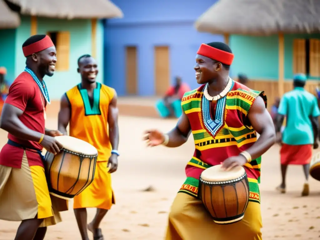 Vibrante ceremonia de tambor hablante África Occidental: músicos tocan tambores en plaza del pueblo, vistiendo trajes tradicionales