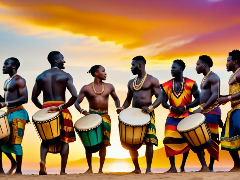 Un vibrante círculo de tambores tradicionales africanos, con músicos hábiles y bailarines en trajes coloridos, bajo un atardecer dorado