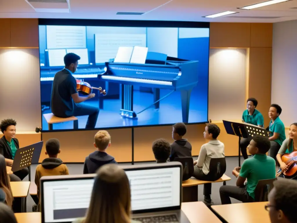 Una vibrante clase de música con estudiantes tocando instrumentos y usando multimedia para la enseñanza de instrumentos musicales