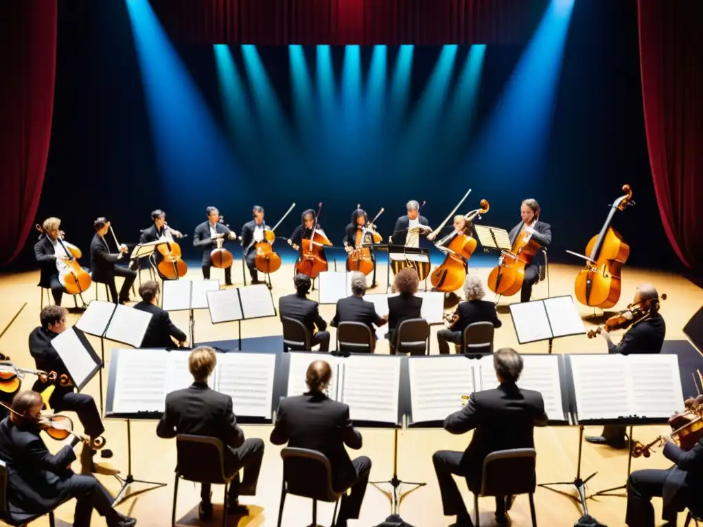 Un vibrante concierto de una orquesta sinfónica en el escenario, destacando los instrumentos musicales