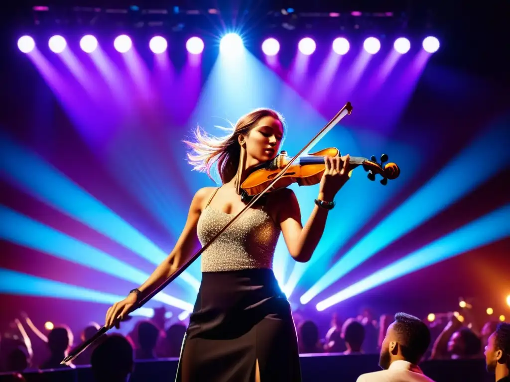 Un vibrante concierto pop con un violinista en el centro del escenario, rodeado de luces y una multitud animada