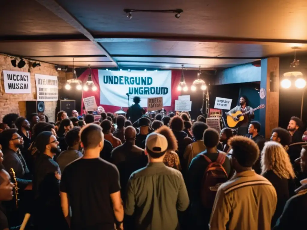 Vibrante concierto underground con instrumentos musicales de protesta cultural, músicos apasionados y público comprometido