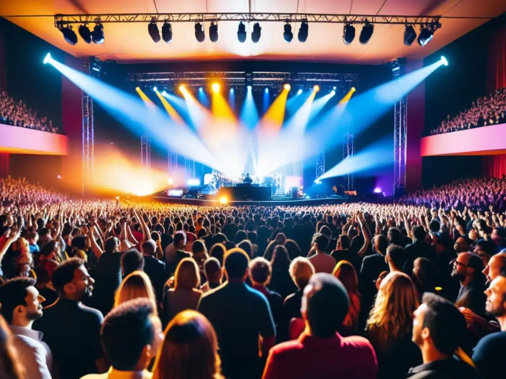 Vibrante grabación 3D conciertos vivo, capturando la energía y emoción de un concierto en vivo con luces y público animado