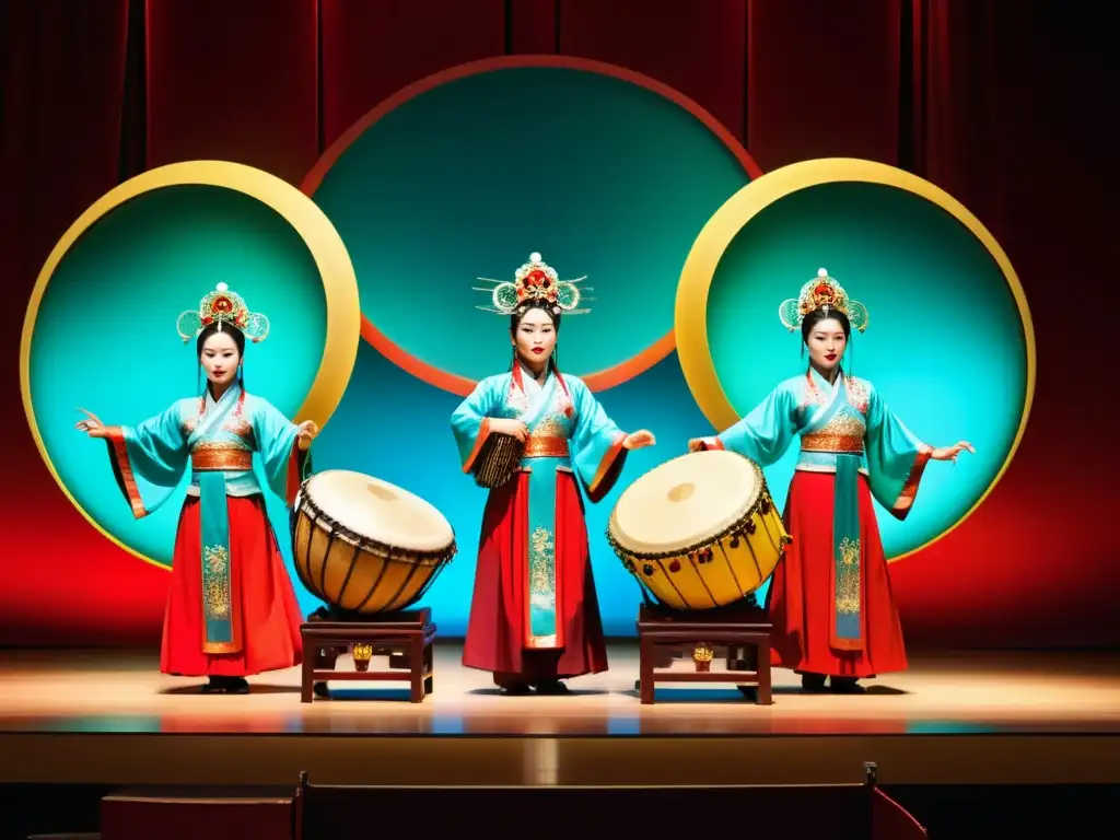 Un vibrante conjunto de instrumentos de percusión en ópera china, con músicos apasionados y trajes coloridos