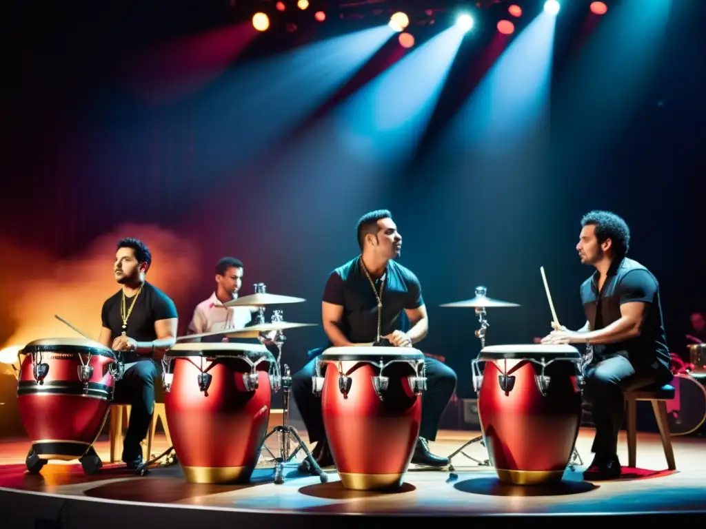 Un vibrante conjunto de percusión latina en un escenario de pop moderno