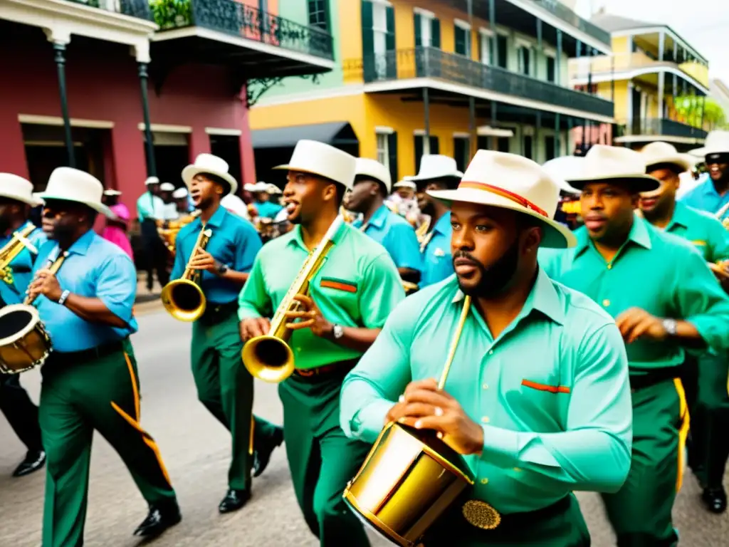 Vibrante desfile de Second Line en Nueva Orleans, con técnicas de percusión en acción y un ambiente lleno de energía y color