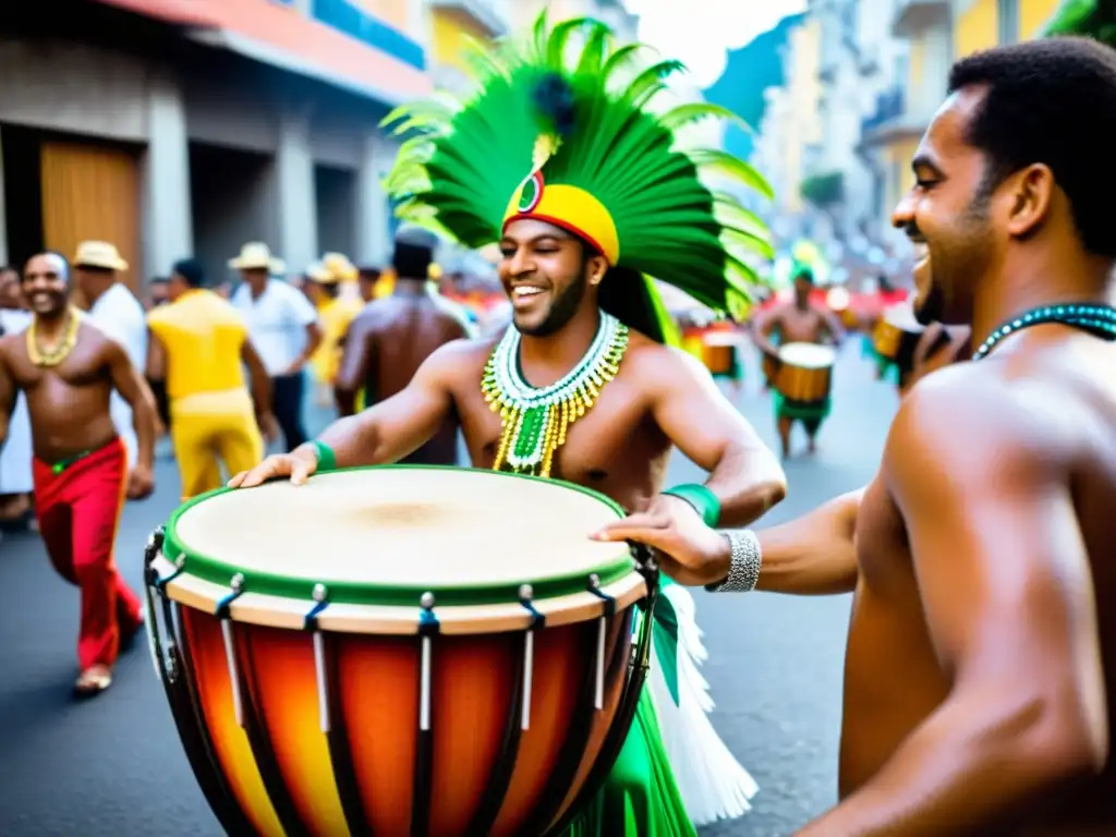 Un vibrante desfile de samba en las calles de Río de Janeiro, con un enfoque en el surdo brasileño y la energía de la multitud