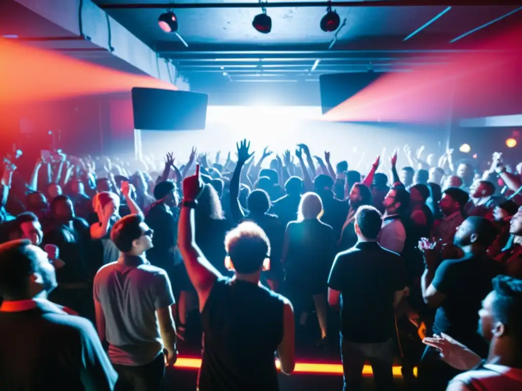 Vibrante discoteca subterránea con luces de neón y multitud bailando, capturando el impacto de la música electrónica en la cultura popular