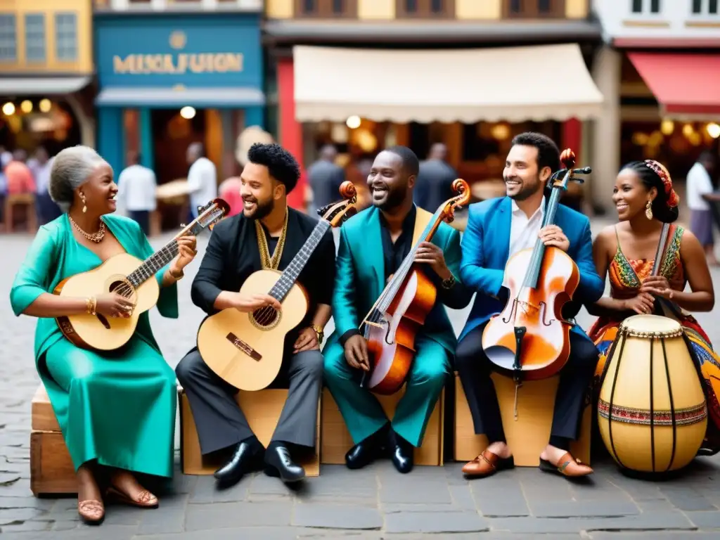 Un vibrante encuentro musical en una bulliciosa plaza, reflejando la influencia diaspórica en la evolución de instrumentos musicales